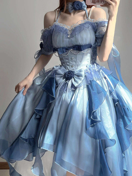 Blue Rose Pearl Decorated Princess Ruffled Bow Layered Elegant Wedding Prom Evening Dress