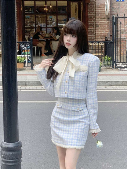 Autumn Winter Modern Pastel Blue & White Checkerboard Suit Jacket Coat and Skirt Two Piece Set