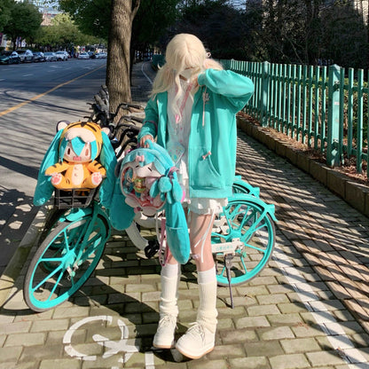 Y2K Angel Wings Meow Mint Turquoise Vocaloid Hatsune Miku Green Cute Cat Ears Japanese Girl Spring Comfy Hoodie Jacket