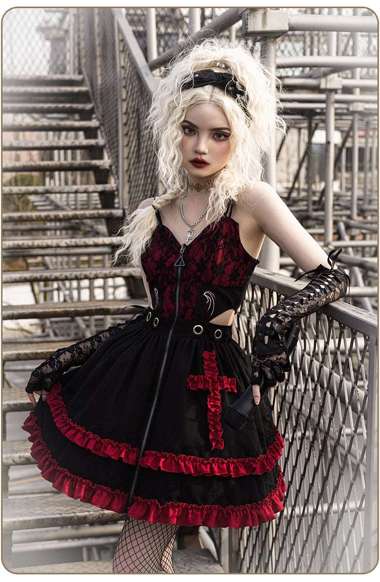 Black Velvet Devil Angel Gothic Goth Girl Strap Lace Gothic Dress Vest Sleeves Three Piece Set