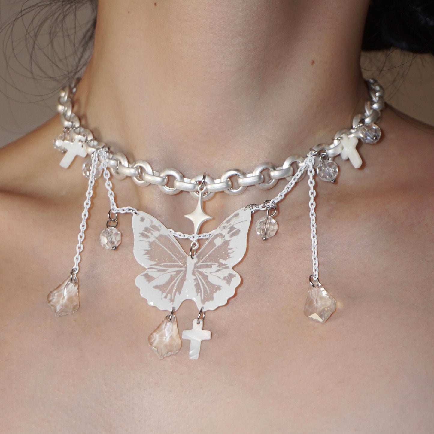 Butterfly Cross White Crystal Star Multi Layer White Angel Necklace