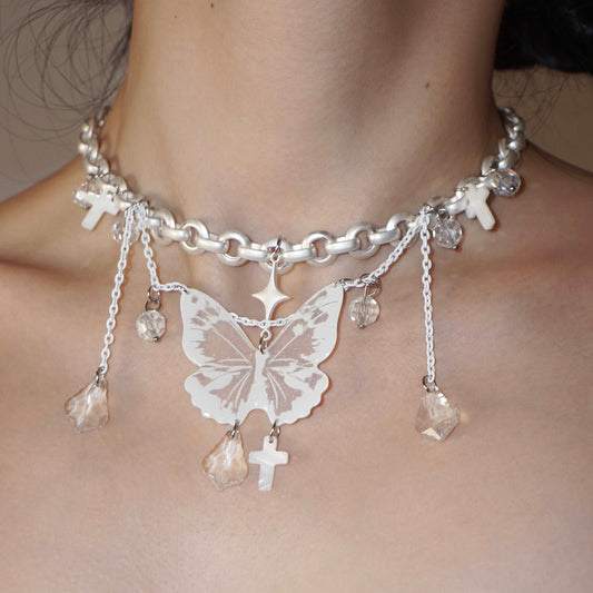 Butterfly Cross White Crystal Star Multi Layer White Angel Necklace