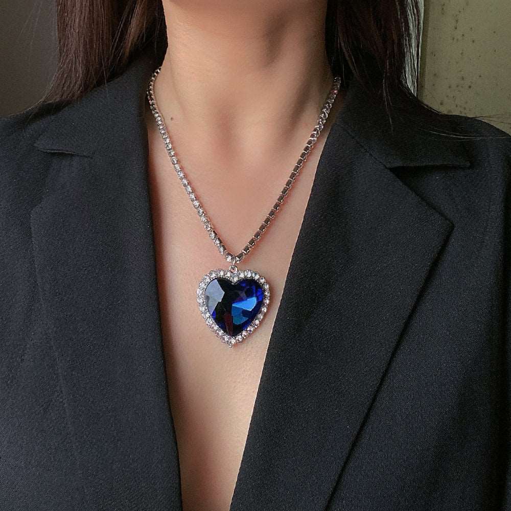 Deep Sea Ocean Blue Love Heart Sapphire Diamond Silver Chain Luxury European French Rhinestone Gemstone Pendant Necklace