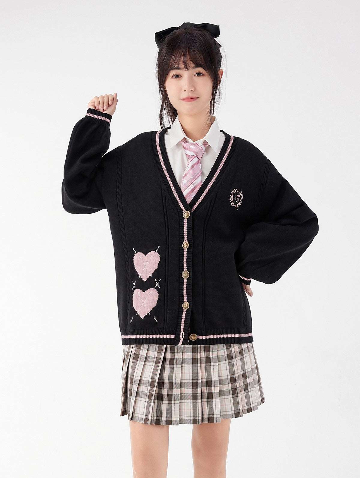 Black Pink Love Heart Emboidery School Girl Japanese Student Autumn Winter Cozy Comfy Knitted Cardigan