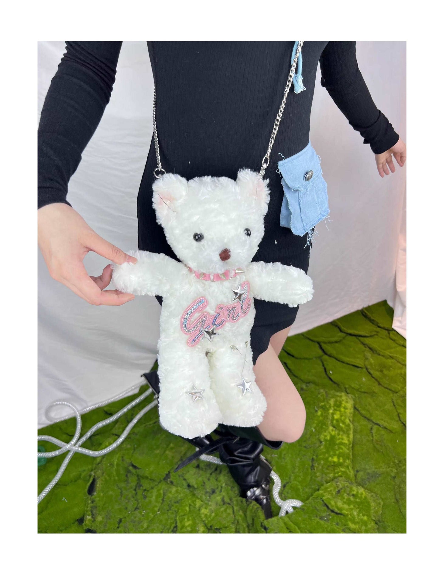 Black White Bear Doll Cute Plush Chain Star Love Collar Coin Purse Bag