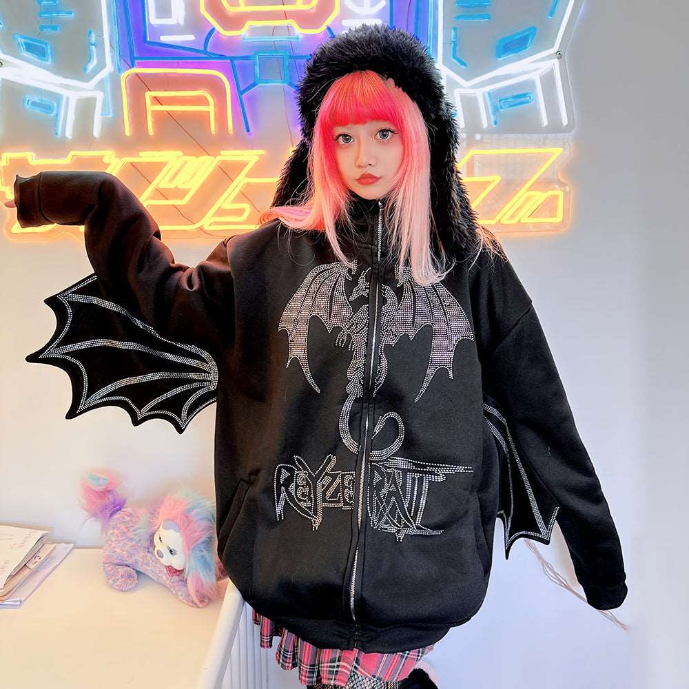 Black Dragon Wings Punk Japanese Harajuku Y2K Streetwear Casual Rhinestone Jacket Hoodie