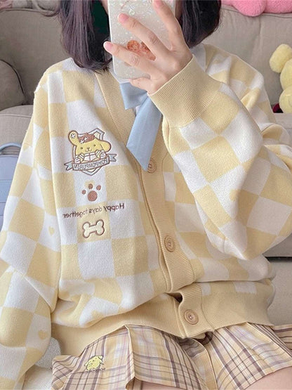 Colorful Knit Cartoon Checkerboard Pattern Cardigan