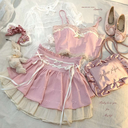 Balletcore Sweet Coquette Pastel Soft Girl Purple Pink Blue Green Camisole & Skirt Set