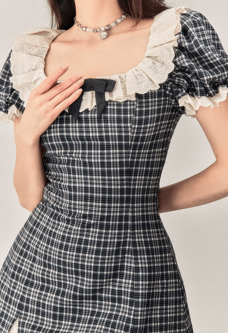 Classic Retro Plaid Black White Bow Lace Spring Summer Puff Sleeve Dress