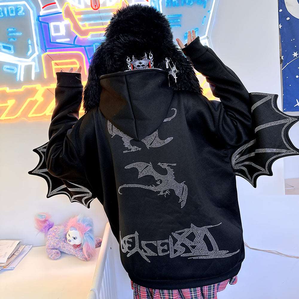 Black Dragon Wings Punk Japanese Harajuku Y2K Streetwear Casual Rhinestone Jacket Hoodie