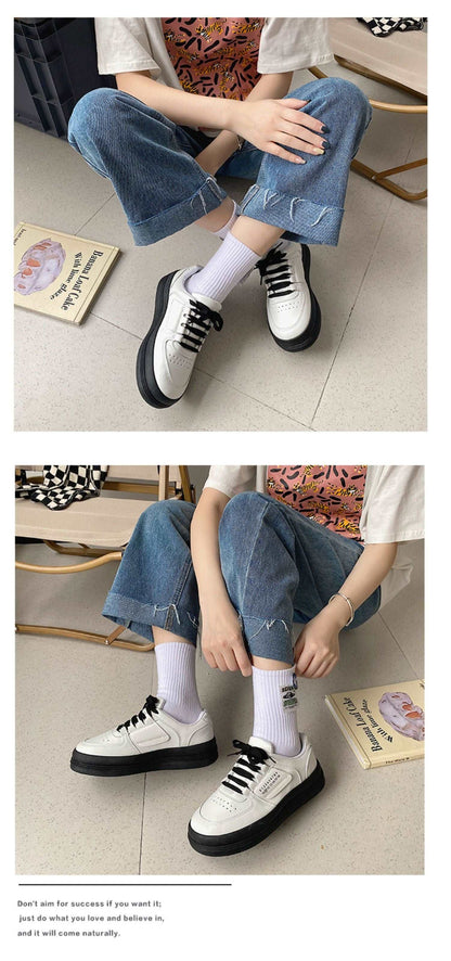 Korean Women Style Trendy Cool Black & White High Heel Wedges Thick Sole Sneakers Running Shoes