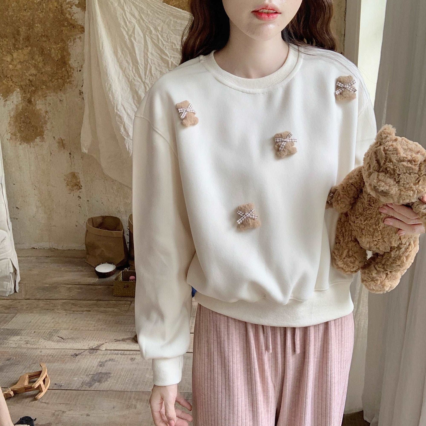 3D Teddy Bear Autumn Pullover Sweatshirt Red Cream Sweater