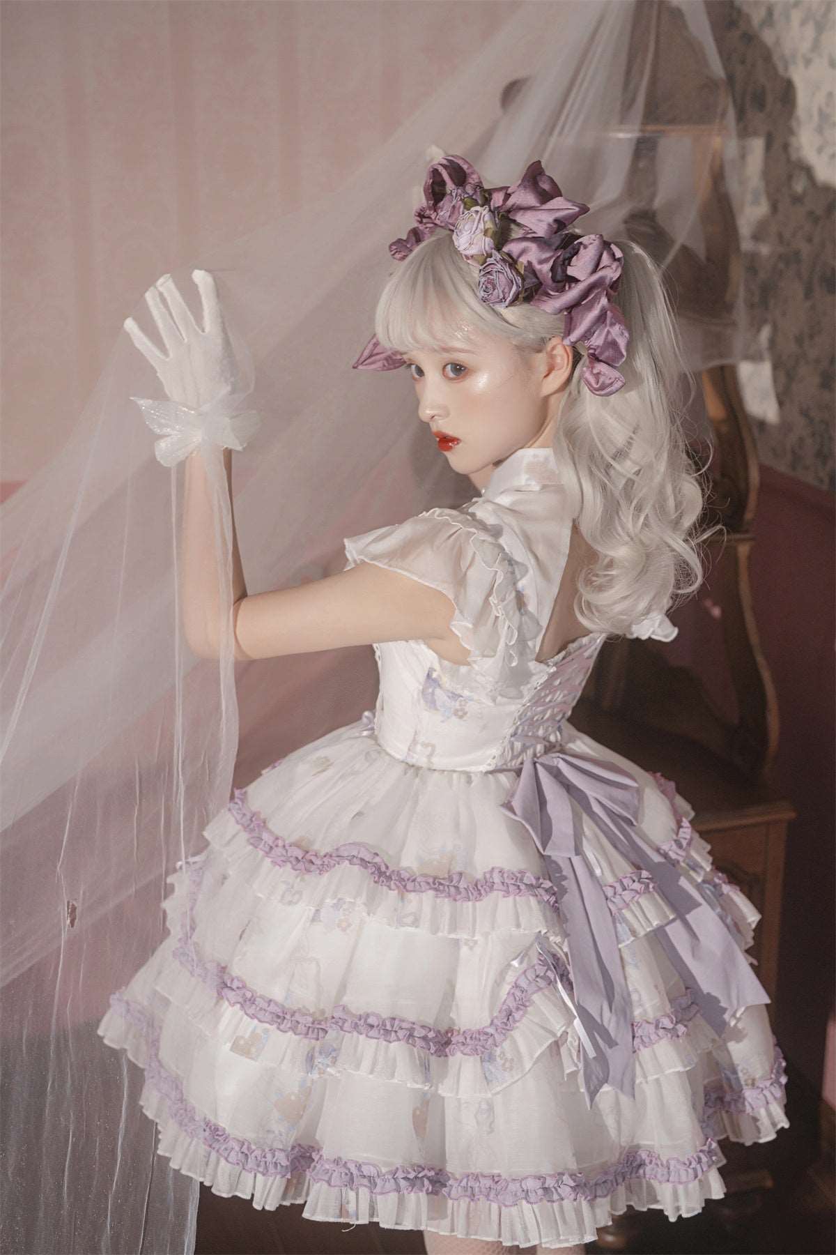 Black & White Violet Purple Rose Goth Girl Gothic Bow Lace Dress