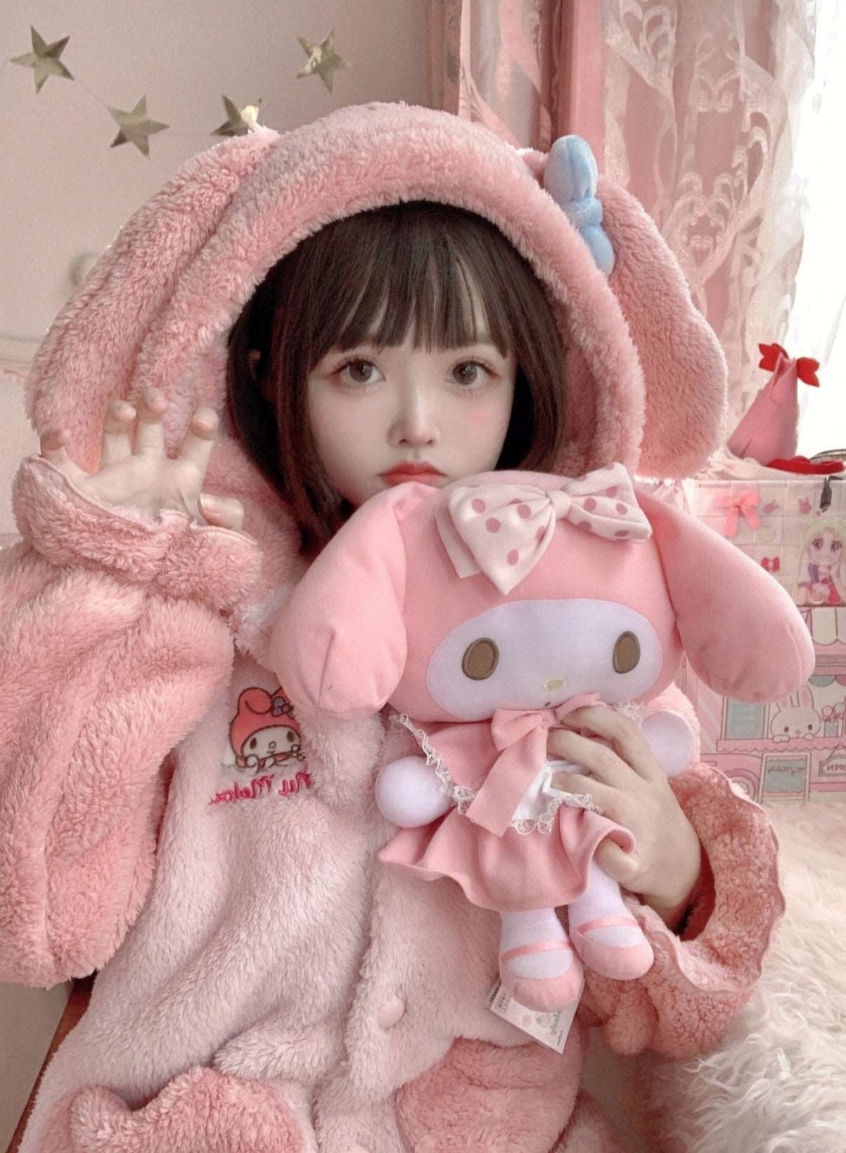 Japanese Winter Thick Warm Soft Sanrio My Melody Ears Hoodies Cute Nightgown Pink Long Coat Pants Pajamas Two Piece Set