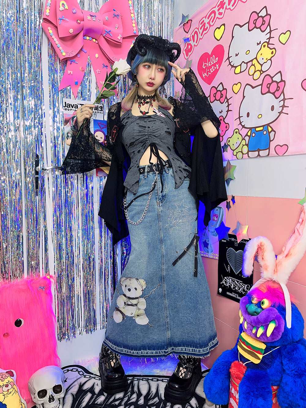 American Bear Chain Street Hiphop Style Trendy Y2K Hot Girl Fashion Mid-length Denim Skirt