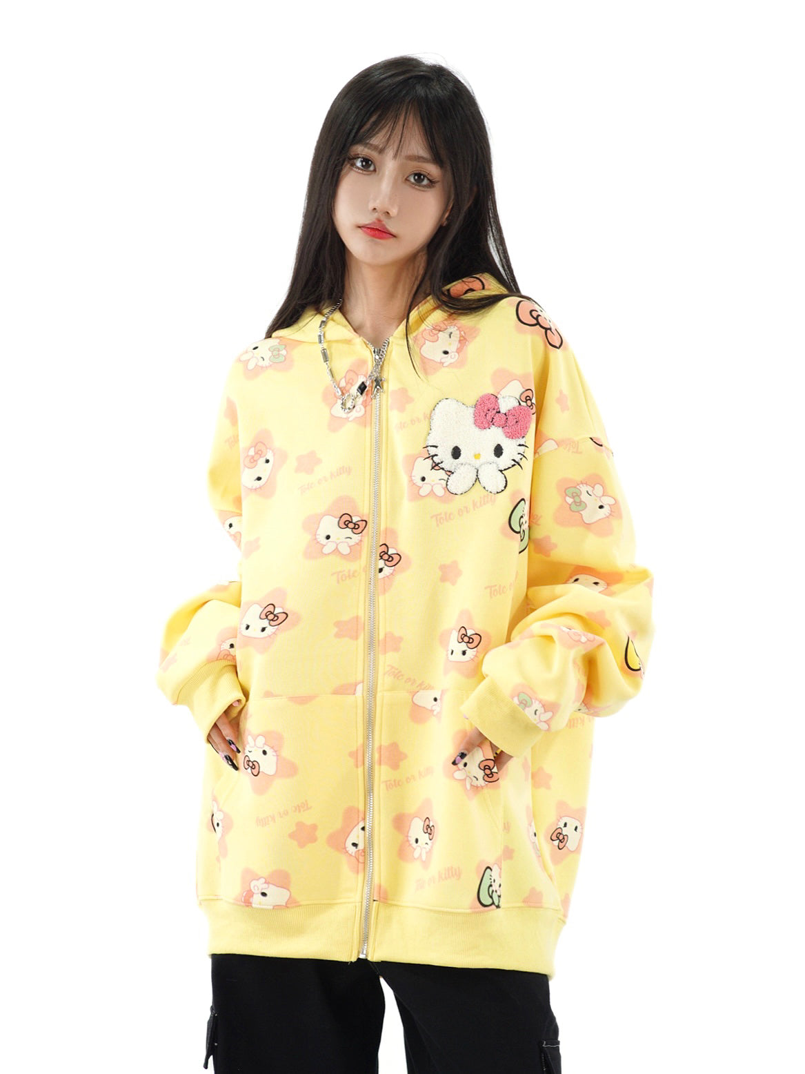 Cute Kitty Cat Print White Pink Yellow Y2K Oversize Hoodie