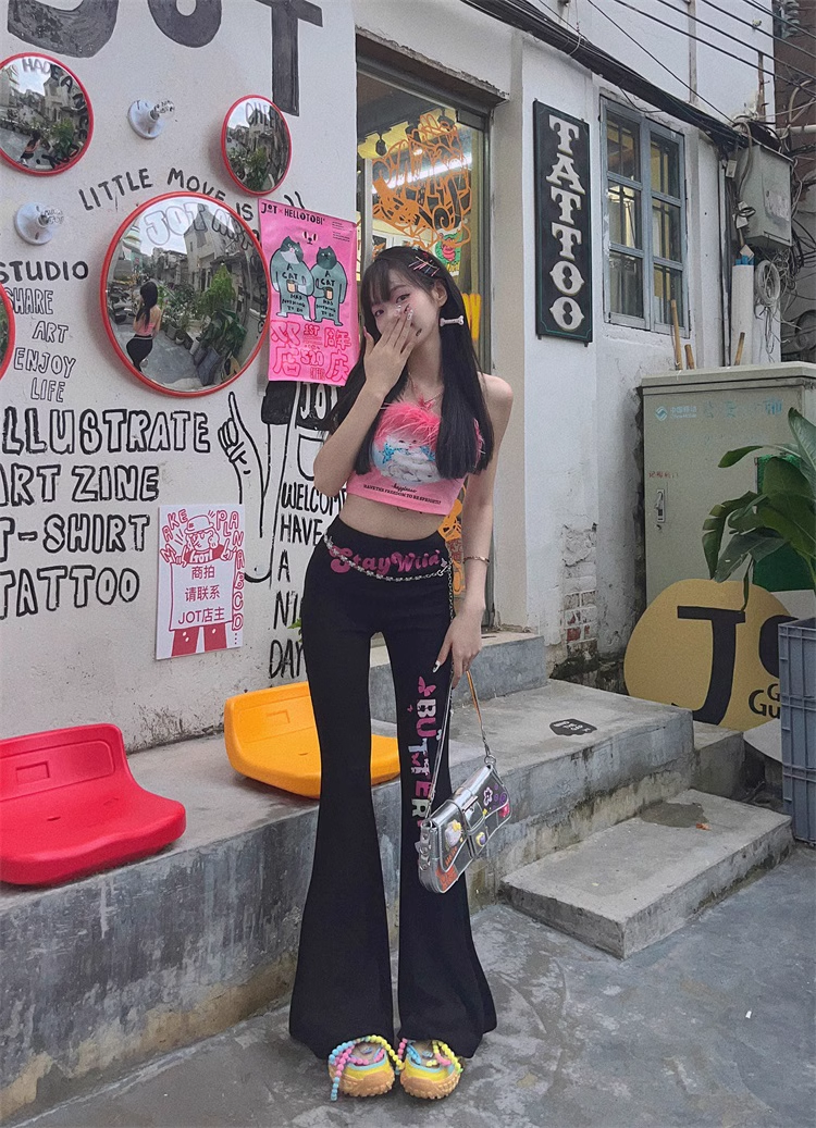 Y2K Sweet Spicy Summer Girl Wild Butterfly Pink Black Casual Pants