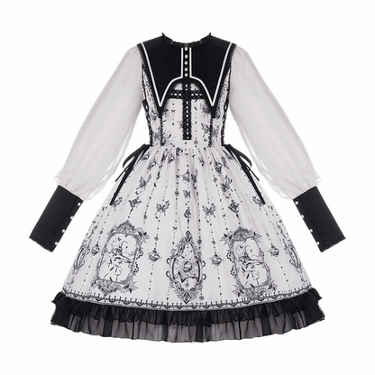 Butterfly Twins Gray Black White Gothic Princess Lace Bow Dollcore Girl Dress