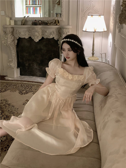 Plus Size Elegant Yellow Cream Rose Square Neck Princess Prom Evening Party Puff Sleeve Dress