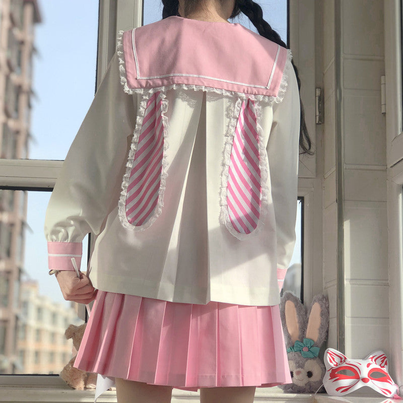 Cute Rabbit Bunny Ears Baby Pink Sailor Uniform Seifuku Two Piece Set