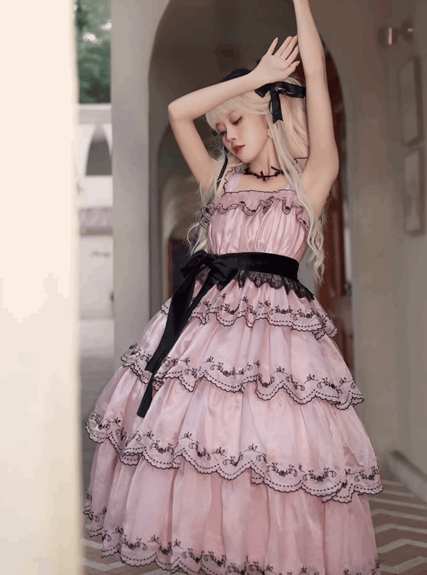 Dance of the Flowers Princess Elegant Black Pink Strap Dress