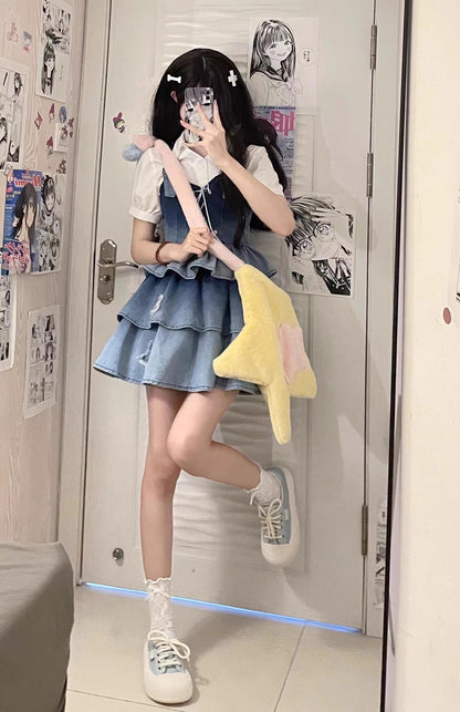 Y2K Cute Gradient Dyed Blue Stars Denim Suspender Shirt & Short Skirt Two Piece Set