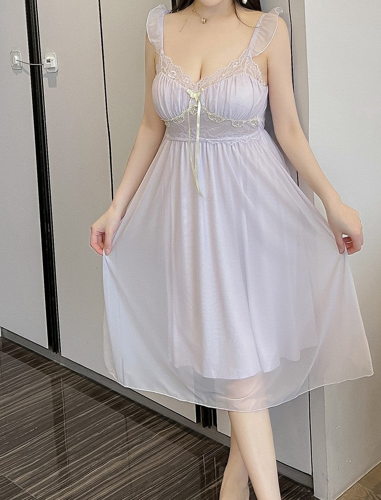 Sexy Delicate Fairy Lace See Through White Pink Purple Nightdress Robe