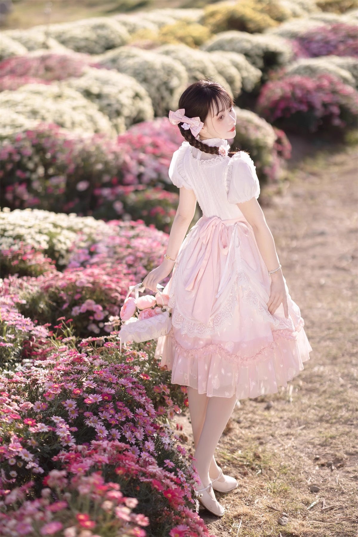 Tulip Princess Floral Flower Fairy Pink White Lace Bow Dollcore Puff Sleeve Dress