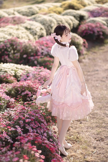 Tulip Princess Floral Flower Fairy Pink White Lace Bow Dollcore Puff Sleeve Dress