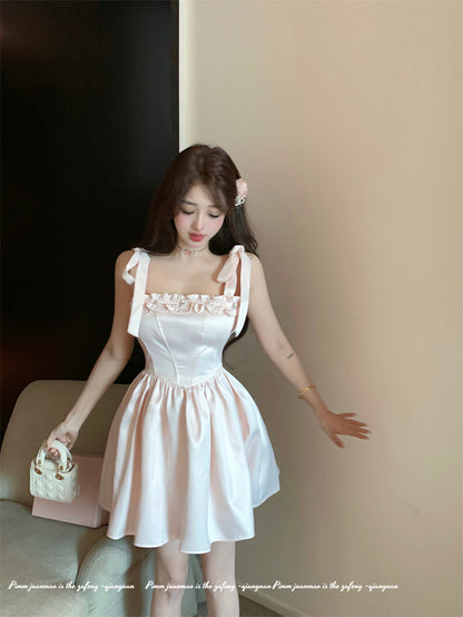 Sweet Light Pink Princess Strap Bow Dress