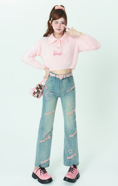 Bubblegum Plush Fur Polo Collar Knit Pastel Pink Sweater