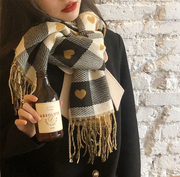 Milk Coffee Cute Brown Black Plaid Hearts Scarf Scarves