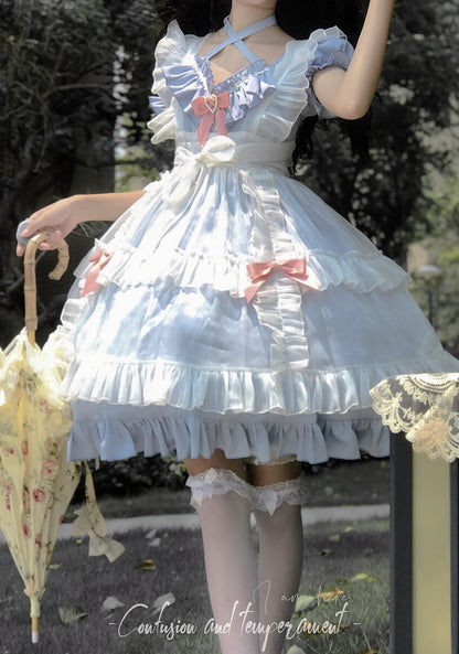 Elegant Magical Girl Blue Lace Dress with Pink Ribbon & White Apron