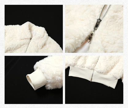 White Sweet & Cool Velvet Plush Woolen Zipper Short Jacket