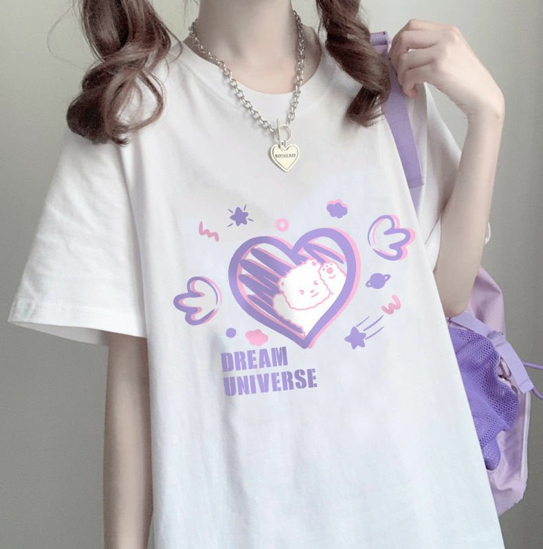 Bear Dream Universe Black White Purple Cotton Oversize T-shirt