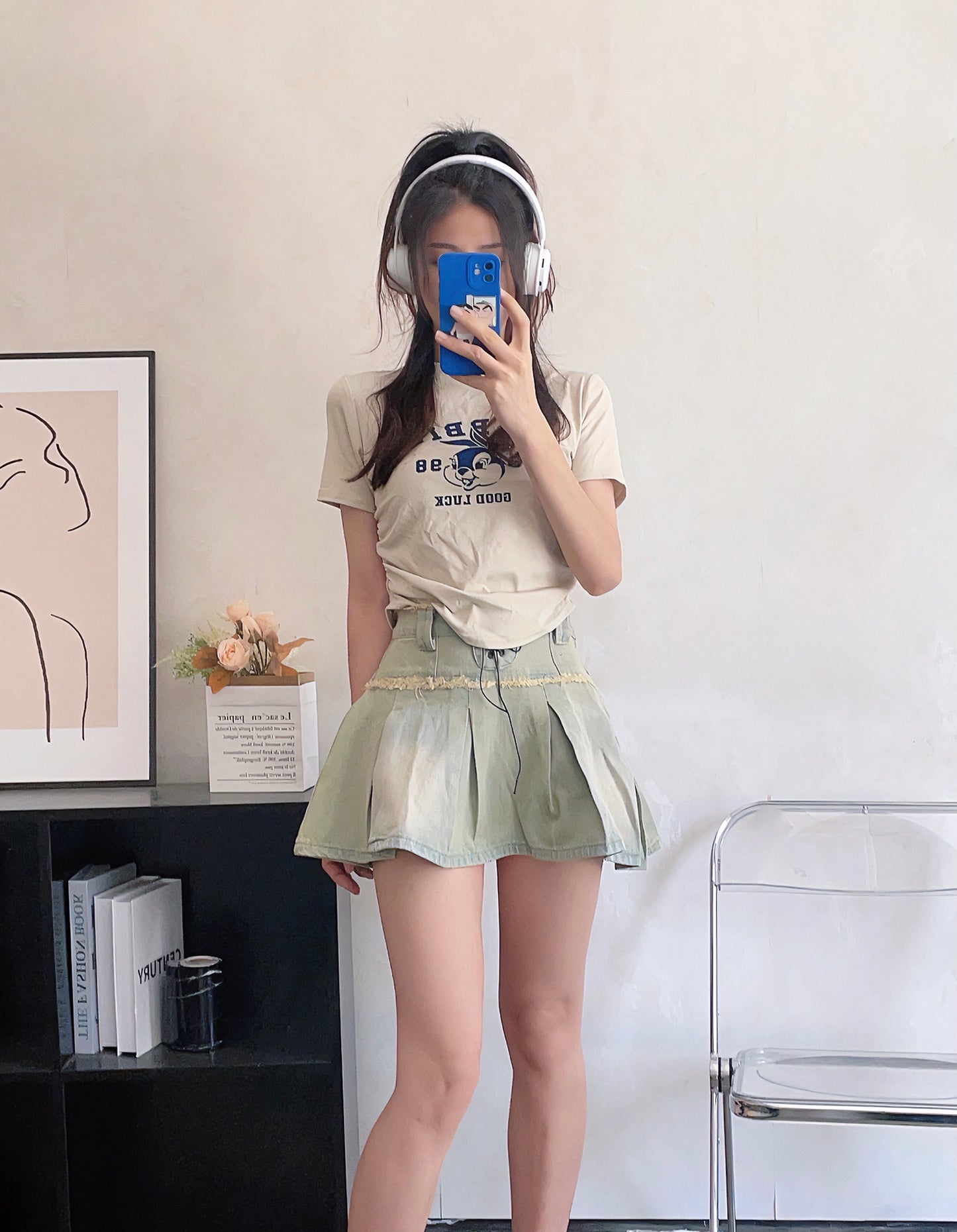 Y2K Retro Tint Denim Light Blue with Black Ribbons Short Skirt