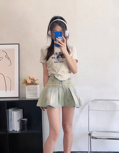 Y2K Retro Tint Denim Light Blue with Black Ribbons Short Skirt