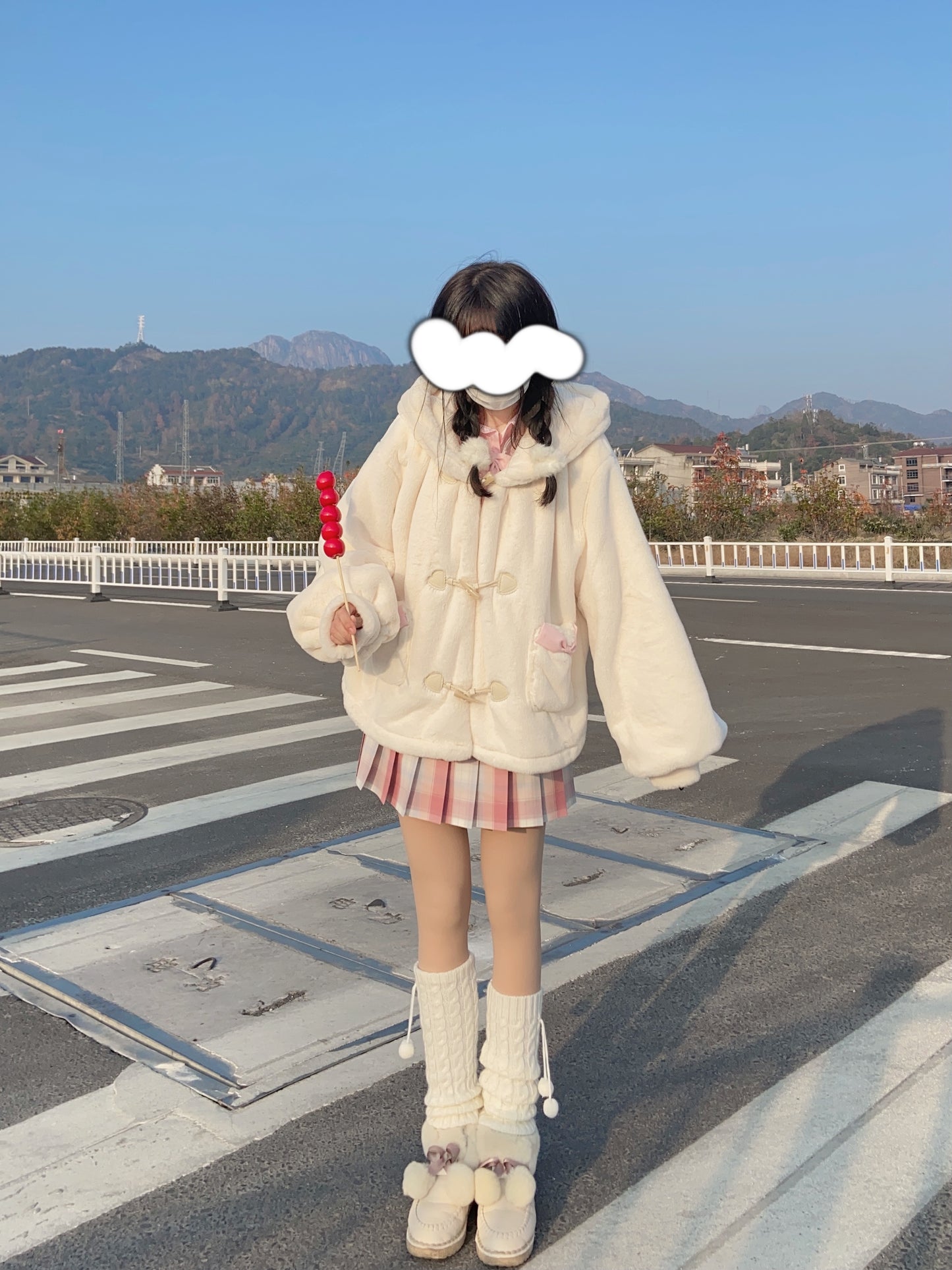 Snow Velvet Rabbit Vanilla Faux Wool Fur Plush Thick Winter White Hooded Coat