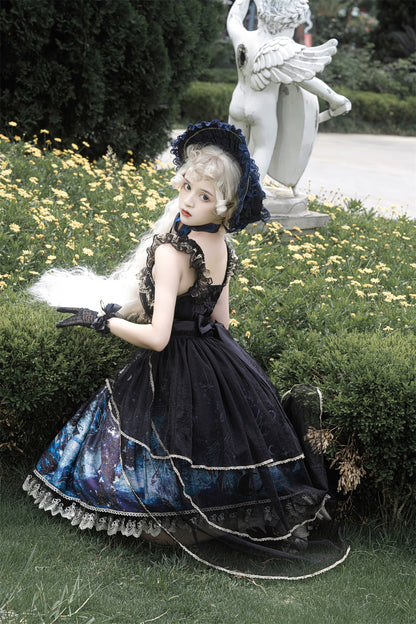 Dark Witch Starry Sky Sun Blue Black Gold Elegant Princess Strap Dress