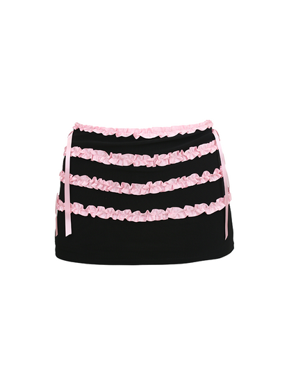 Lucia Balletcore Elegant Coquette Pink Black Lace Top Hooded Short Mini Skirt Two Piece Set