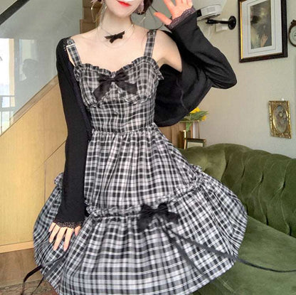 Sweet Retro Girl Check Plaid Black Suspender Dress