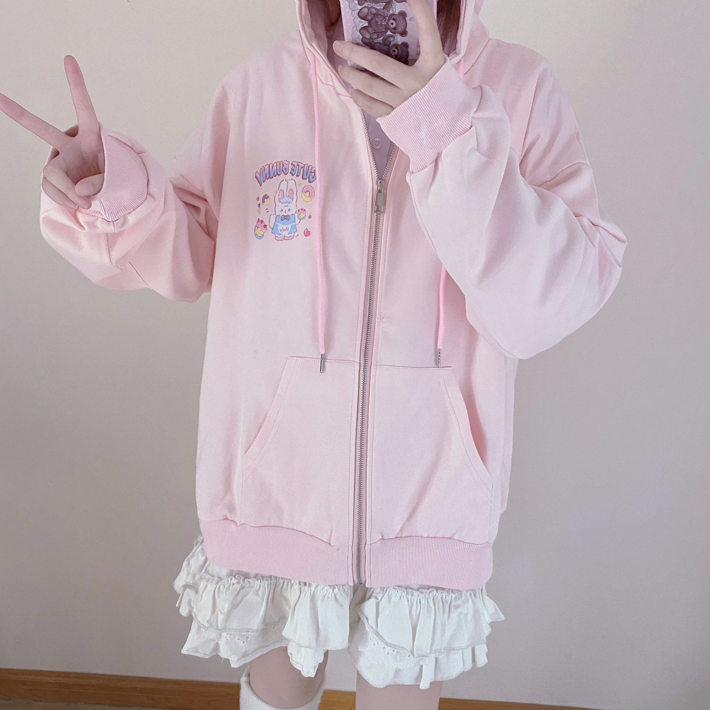 Pink Donut Maid Rabbit Cartoon Hoodie Long Sleeve Top