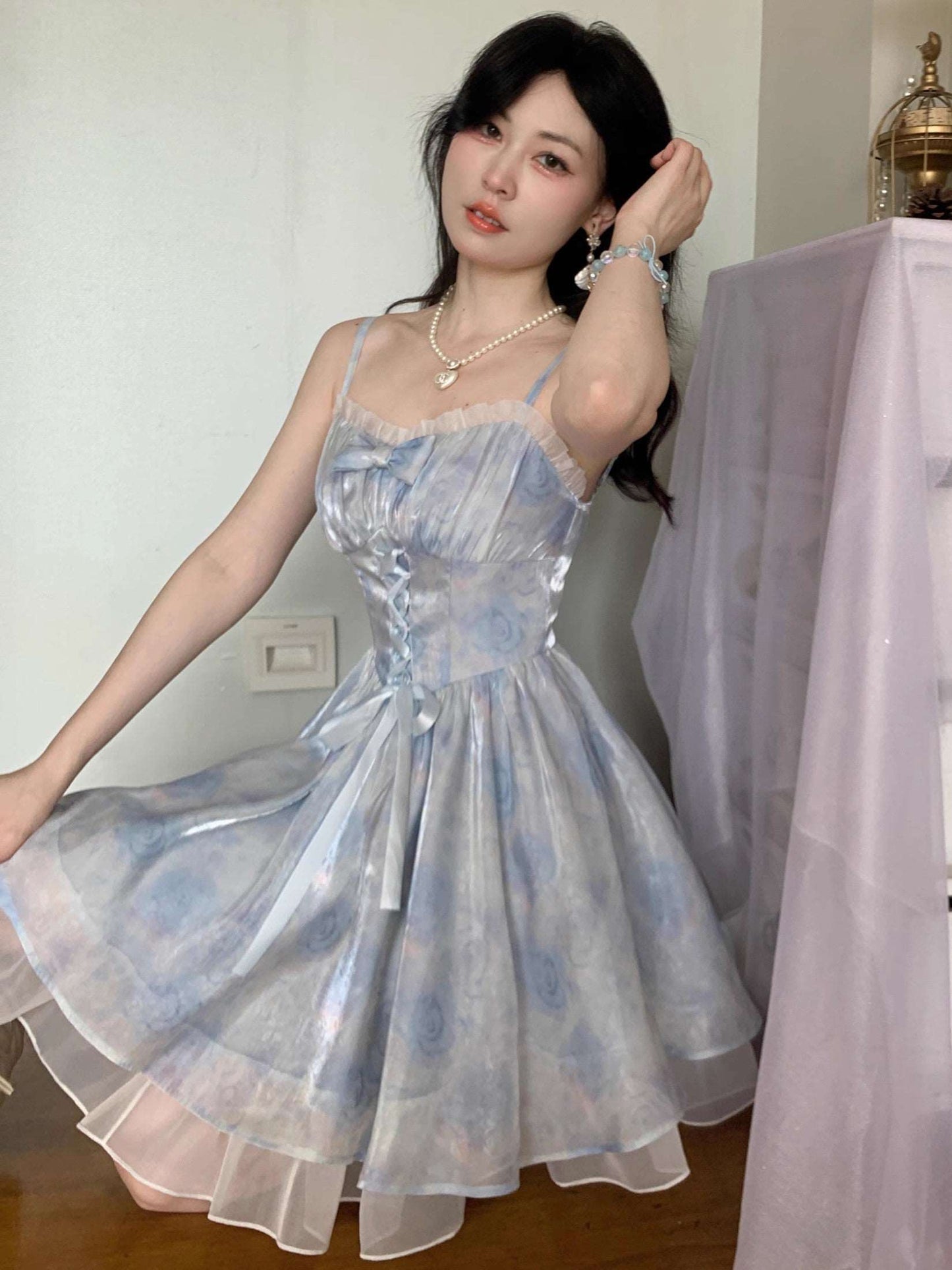 Blue Angel Sky Blue Magic Crystal Sweet Fairy Princess Bow Lace Spring Summer Strap Dress