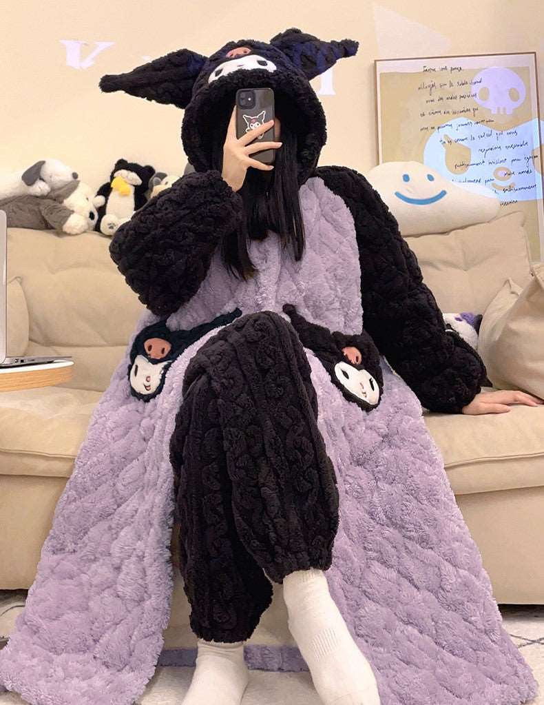 Black & Purple Kuromi Cute Cartoon Women Girl Thick Plush Coral Fleece Warm Winter Pajamas Sleepwear Hooded Nightgown Coat & Pants Two Piece Set