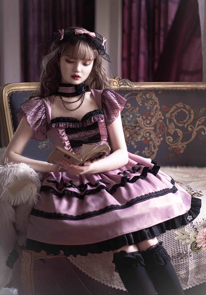 Coral Sea Purple Black Rose Regal Elegant Princess Lace Bow Dollcore Girl Dress