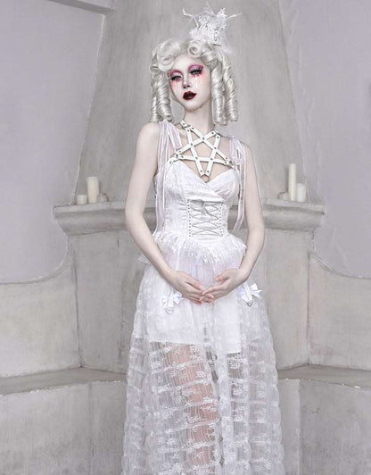 Blood Supply The White Doll Goth Jacquard Lace Bow Pentagram Strap Dress