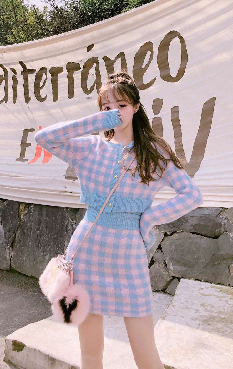 Cute Sexy Spring Summer Autumn Fall Knit Embroidery Sweet Pink Blue Plaid Tank Top Cardigan Skirt Dress