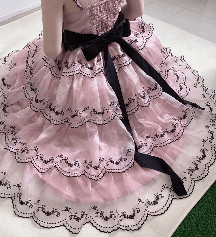 Dance of the Flowers Princess Elegant Black Pink Strap Dress