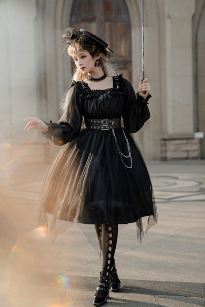 Gothic Dark Witch Off Shoulder Strap Black Red Long Sleeve Dress