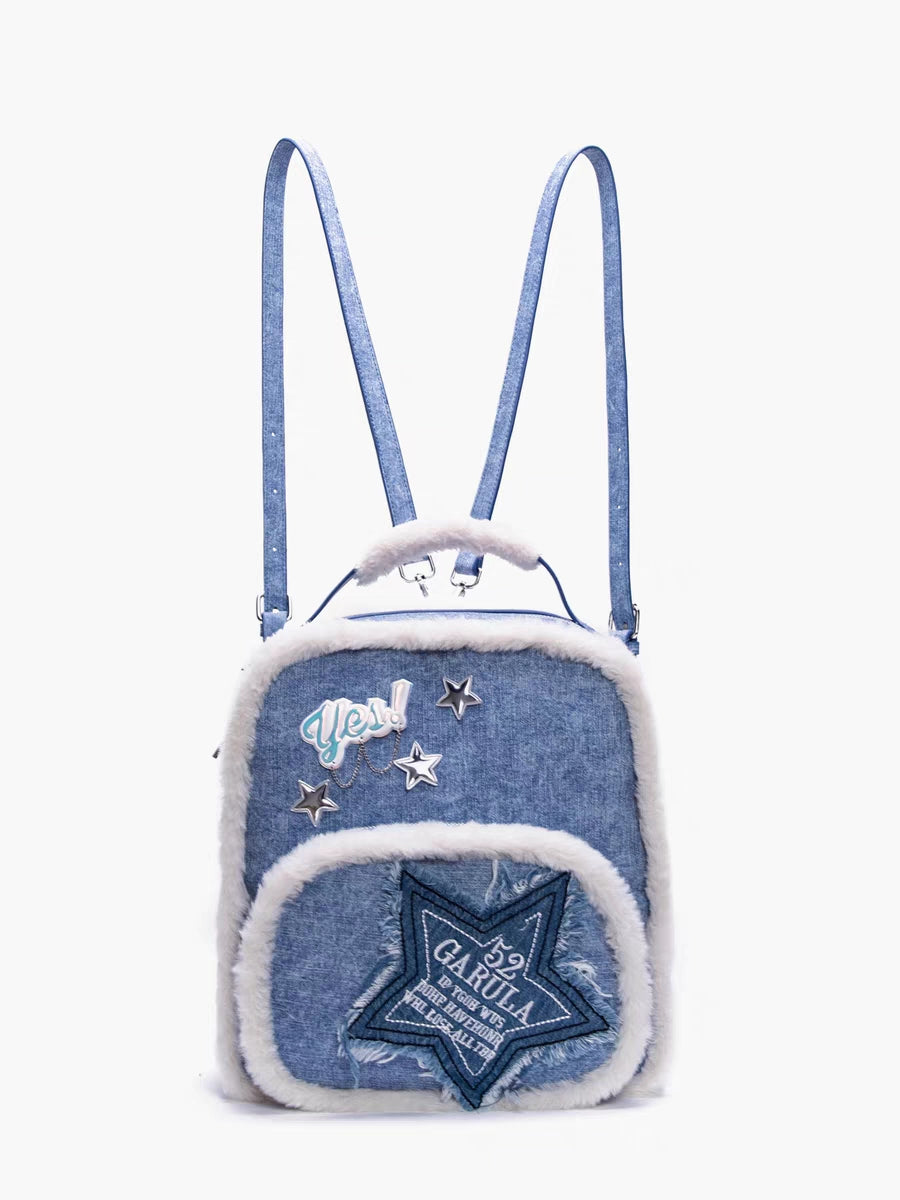 Y2K Denim Plush Fluff Silver Star Bag Backpack